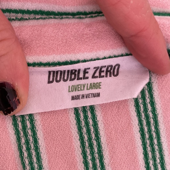Double Zero pink/white/green striped button-up collar t-shirt size L - Picture 3 of 5
